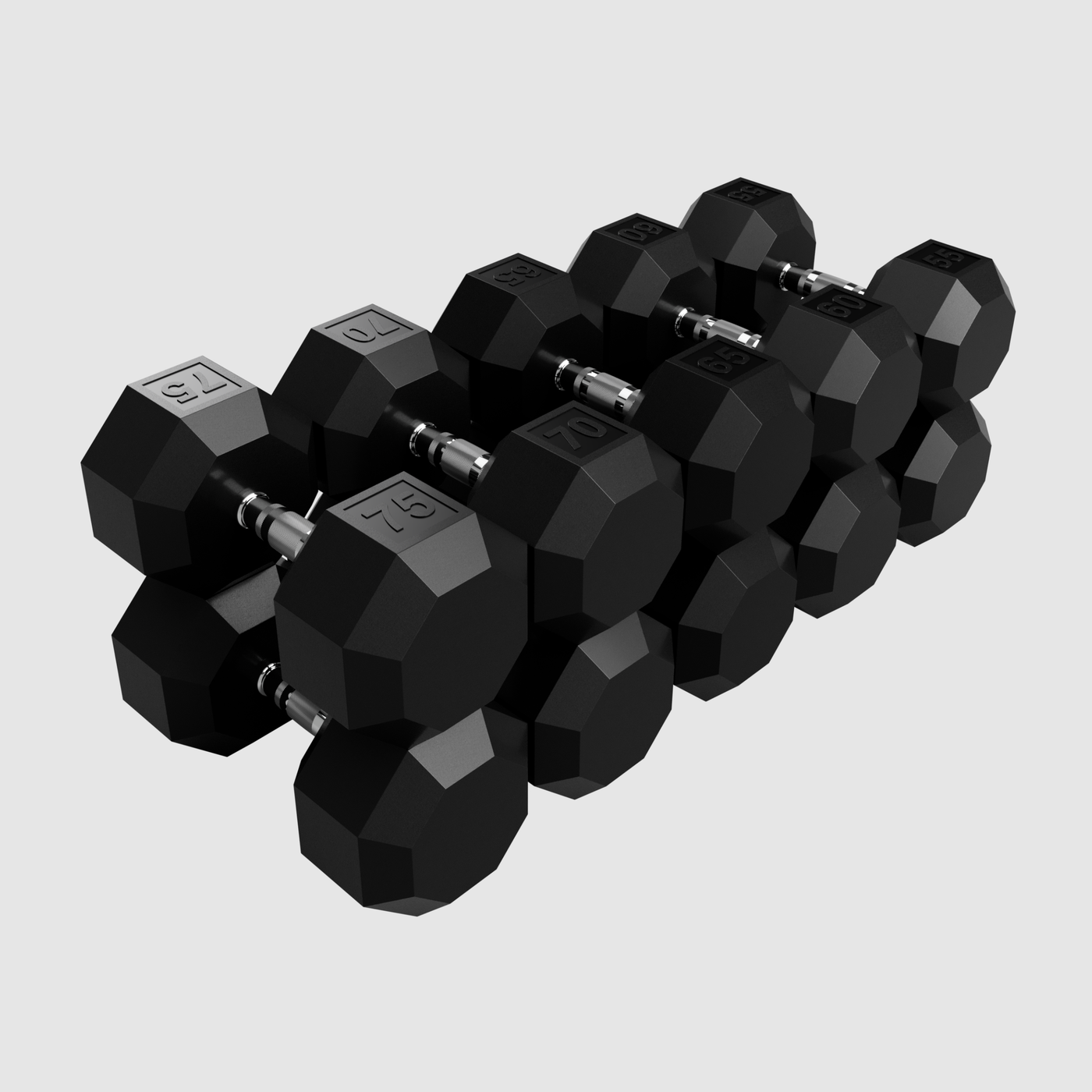 8-SIDED RUBBER ENCASED DUMBBELL SET 55 LB - 75 LB