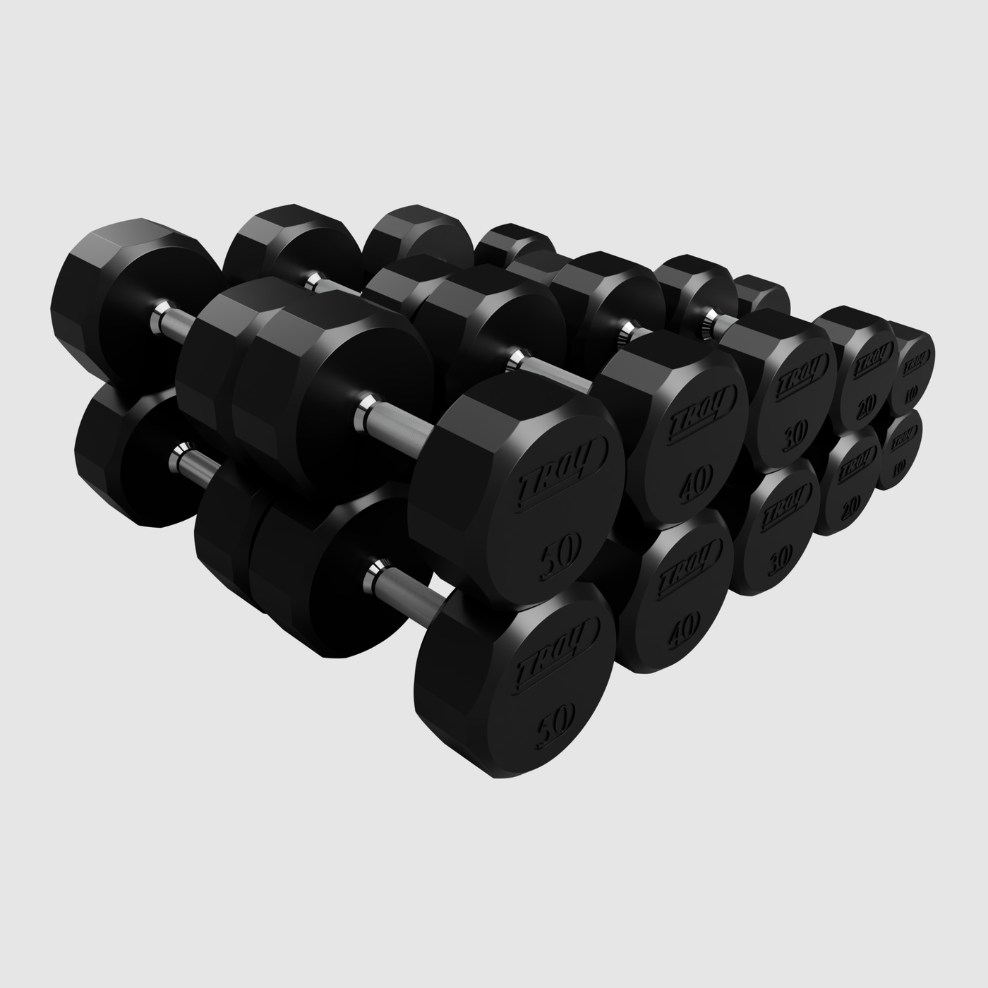 12-Sided rubber Encased Dumbbell Set - 5-50 lb